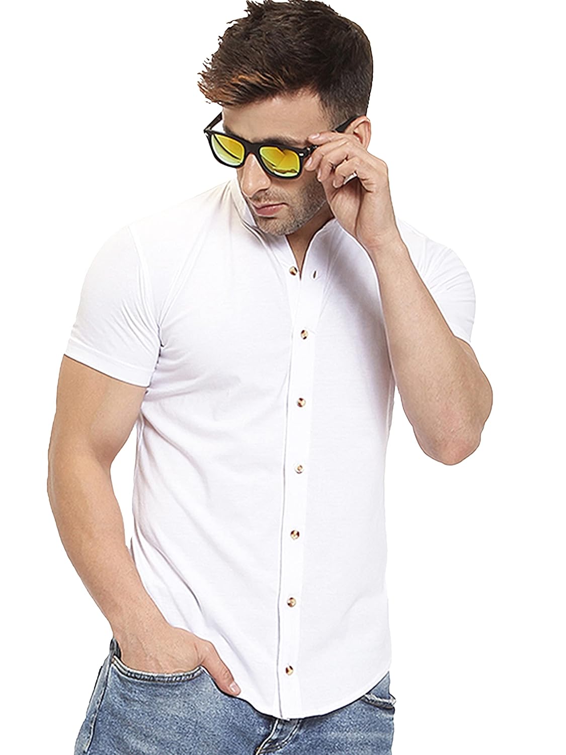 GESPO Men’s Solid White Mandarin Collar Half Sleeve Casual Shirt