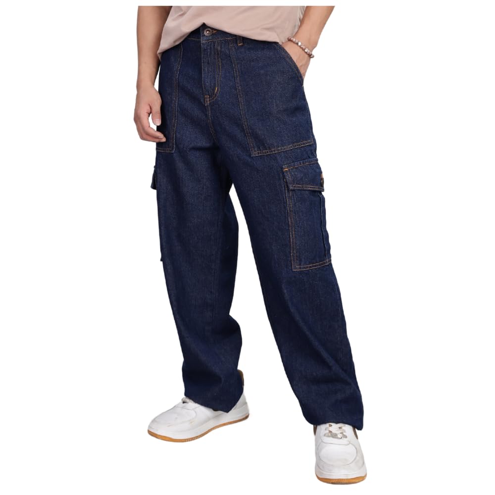 INKD Men’s Cargo Baggy Jeans – Mid-Rise | 100% Cotton | Contrast Stitch| 6 Pocket Styling | Baggy Jeans for Man | Loose fit & Comfortable