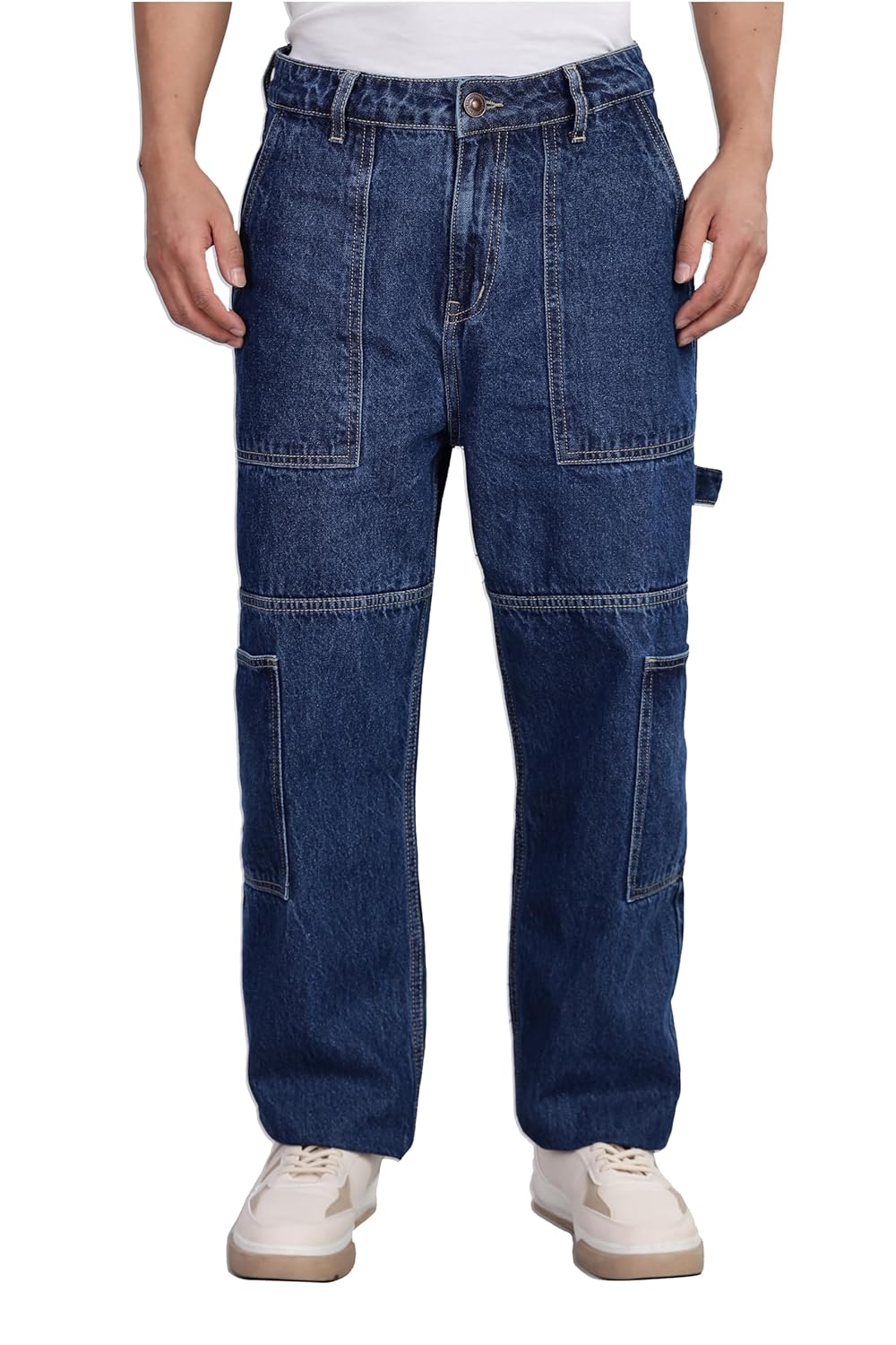 INKD Men’s Carpenter Baggy Jeans – Mid-Rise | 100% Cotton | Contrast Stitch| 6 Pocket Styling | Baggy Jeans for Man | Loose fit & Comfortable