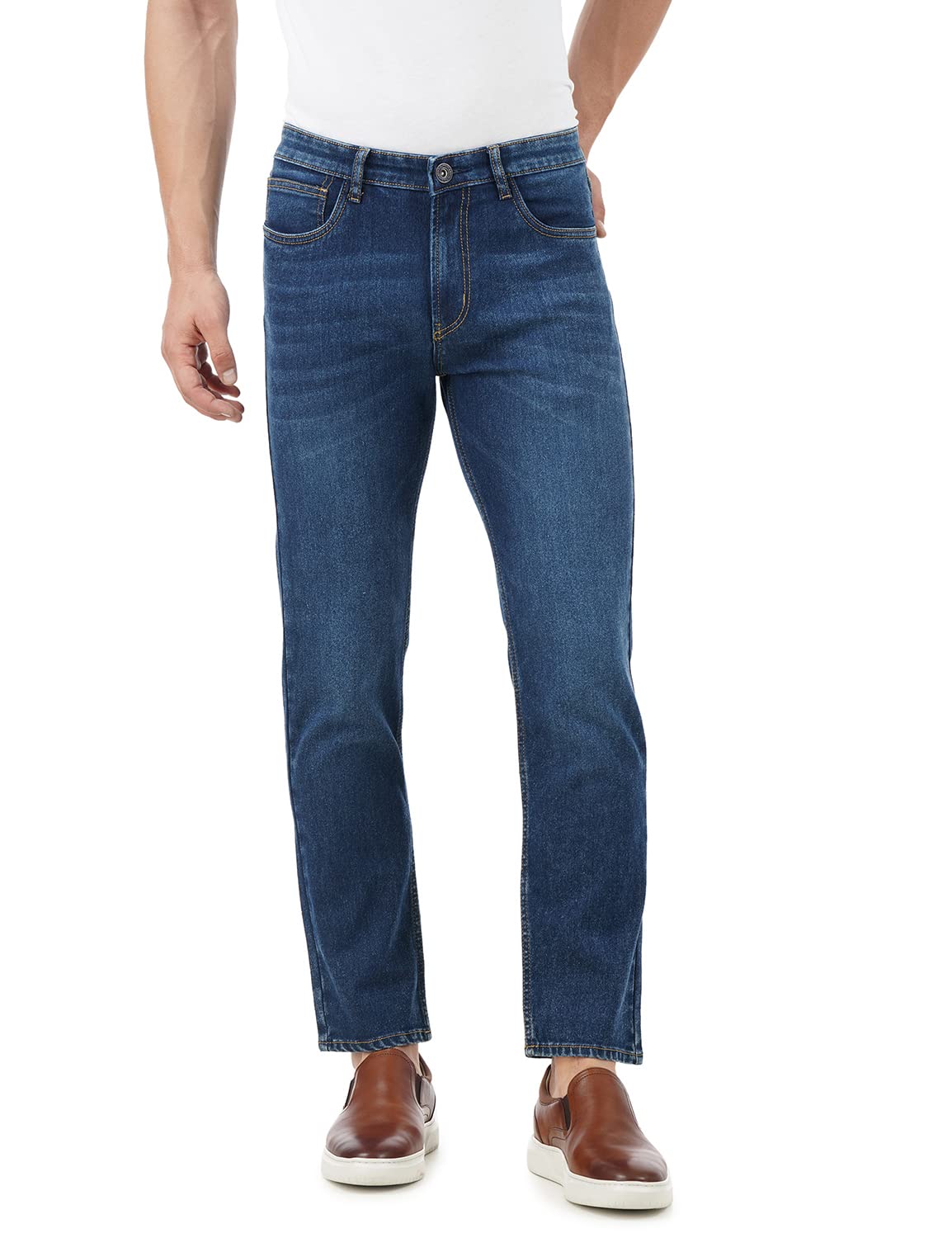 INKD Men’s Regular Fit Jeans – Mid-Rise | Cotton Blend | Stretchable Fabric | Contrast Stitch | Classic 5 Pocket Styling | Jeans for Men