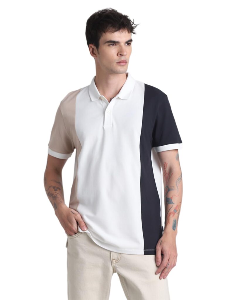 JACK & JONES Colourblocked Polo Collar Slim Fit Pure Cotton T-Shirt JACK & JONES Colourblocked Polo Collar Slim Fit Pure Cotton T-Shirt
