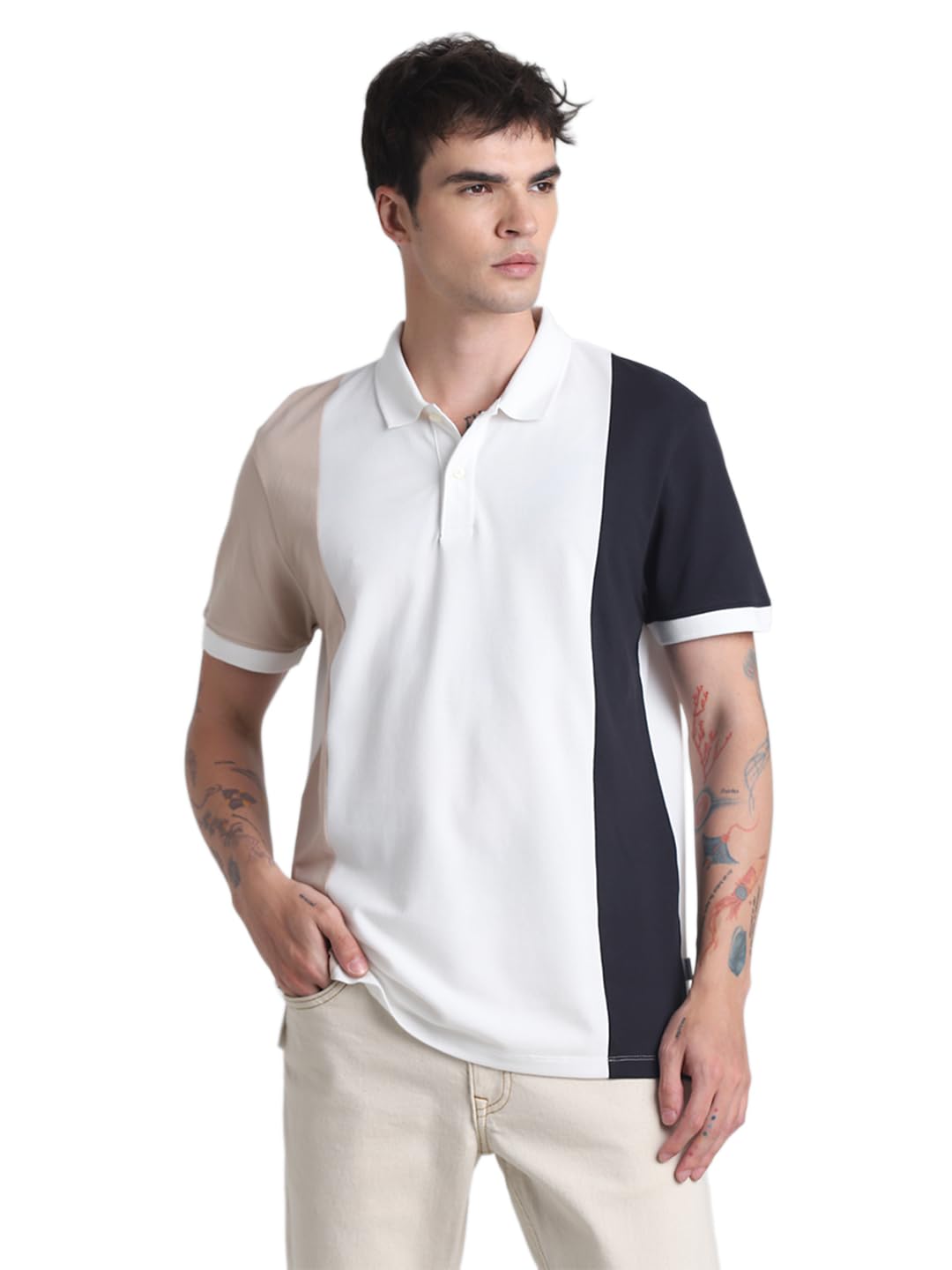 JACK & JONES Colourblocked Polo Collar Slim Fit Pure Cotton T-Shirt