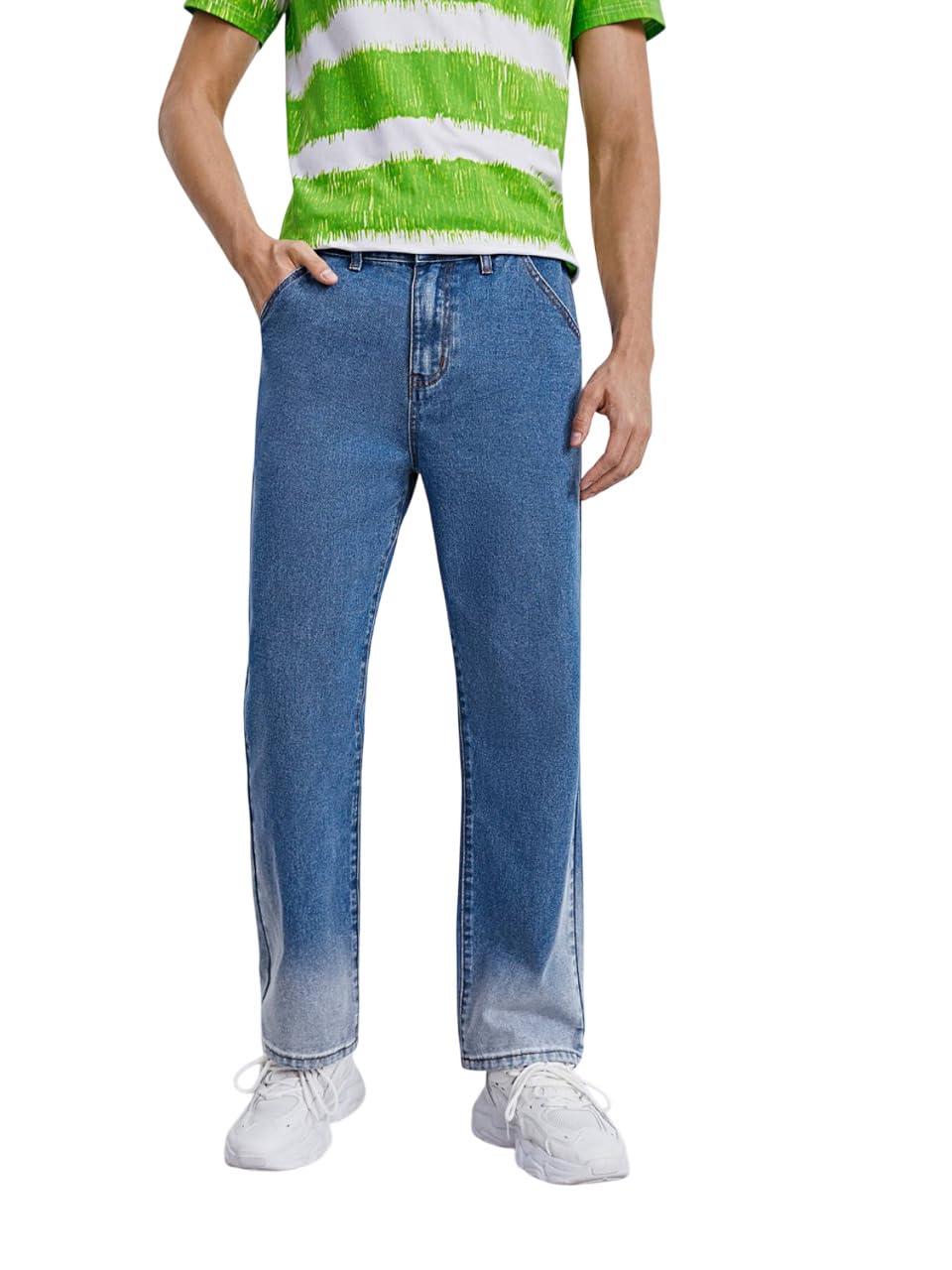KOTTY Men’s Striped Blue Fog Button Straight Fit Jeans