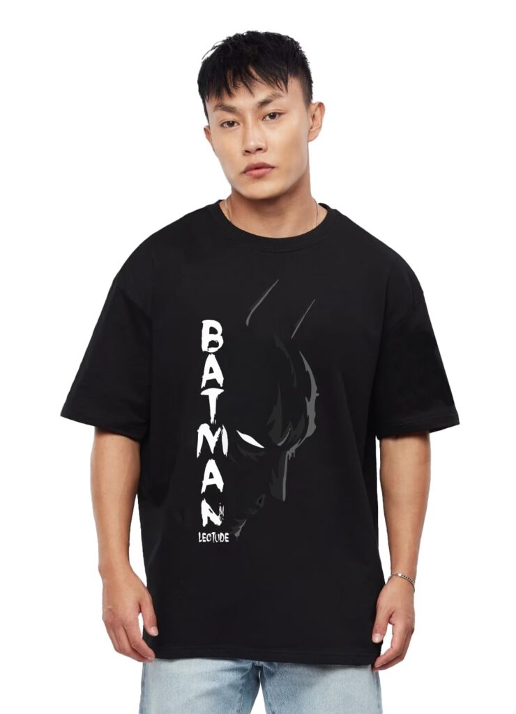 LEOTUDE Half Sleeve Oversized Tshirt for Men, Round Neck Cottonblend Drop Shoulder Printed T-Shirt (Black Color)