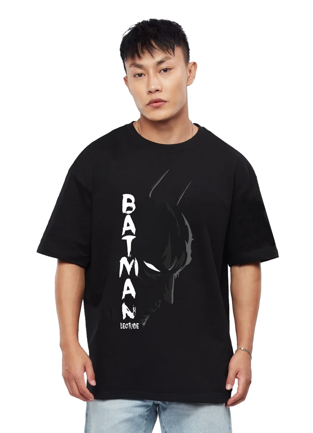 LEOTUDE Half Sleeve Oversized Tshirt for Men, Round Neck Cottonblend Drop Shoulder Printed T-Shirt (Black Color)