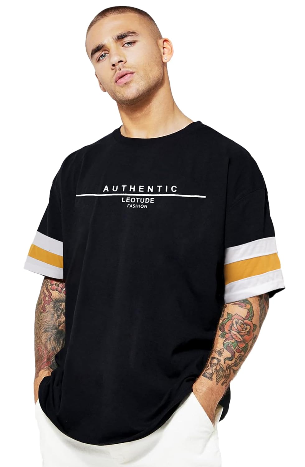 LEOTUDE Men’s Cottoblend Half Sleeve Printed Oversized Drop Shoulder T-Shirt (Black Color)