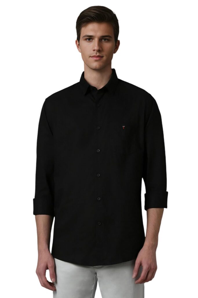 Louis Philippe Men’s Easy to Care Cotton Slim fit Solid Casual Shirt with Natural Stretch