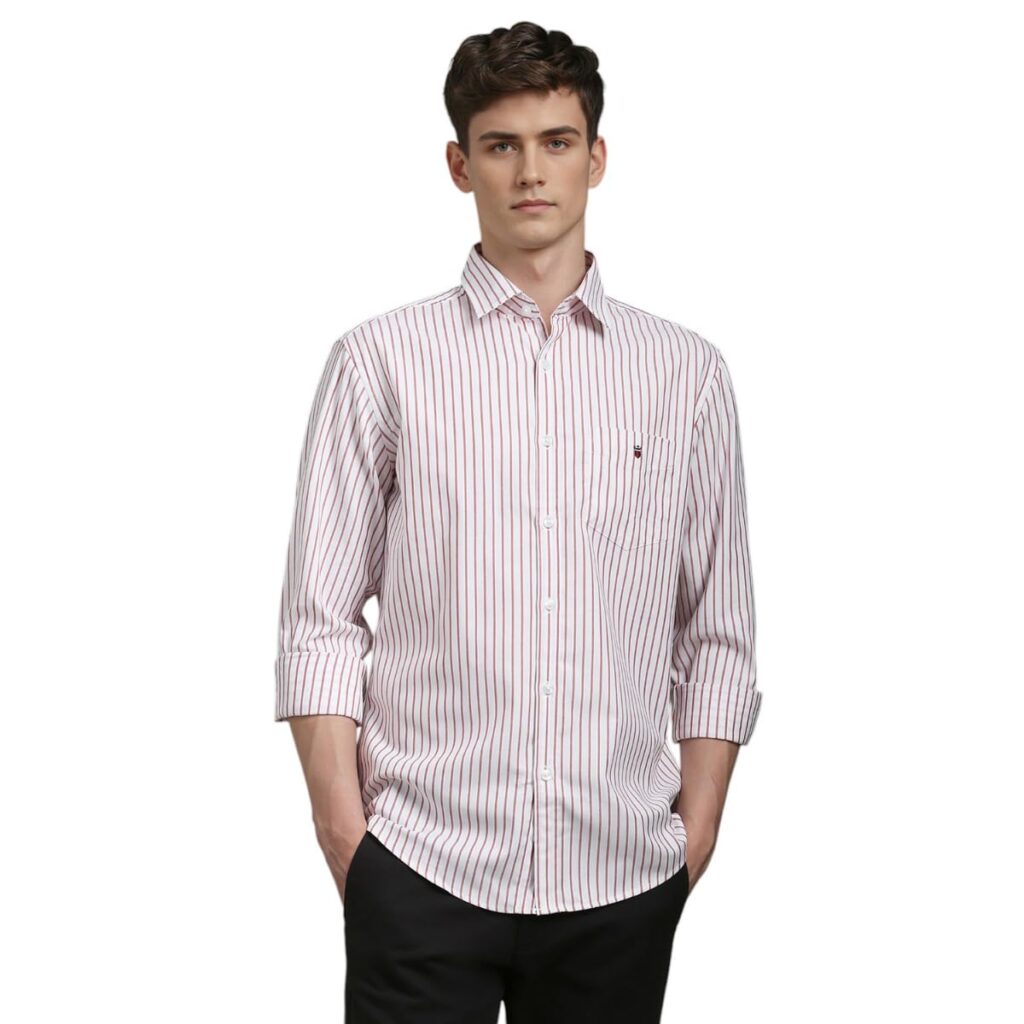 Louis Philippe Men’s Easy to Care Cotton Slim fit Striped Casual Shirt with Natural Stretch Louis Philippe Men’s Easy to Care Cotton Slim fit Striped Casual Shirt with Natural Stretch