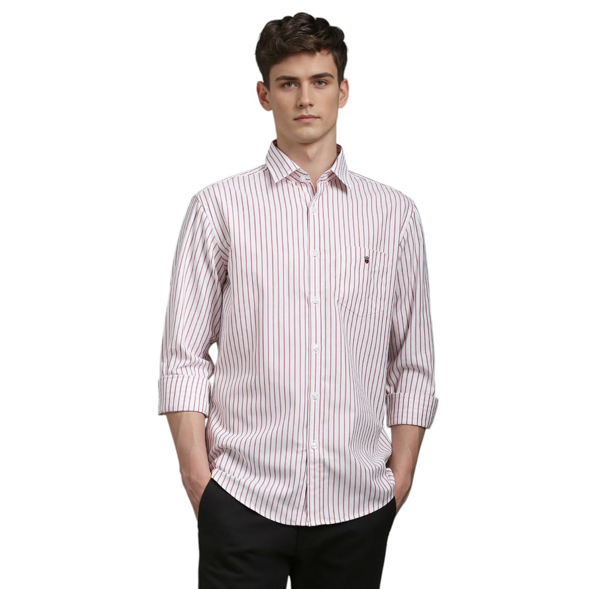 Louis Philippe Men’s Easy to Care Cotton Slim fit Striped Casual Shirt with Natural Stretch