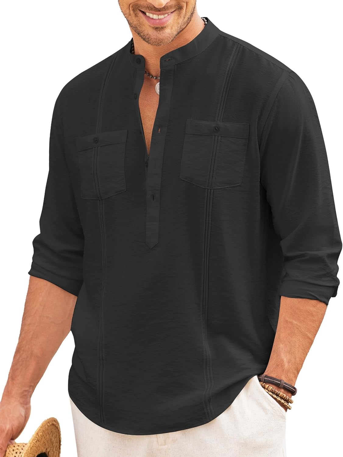 Macsivo Cotton Blend Solid Casual Short Kurta for Men Long Sleeve Mandarin Collar Stylish Shirt Kurta for Men