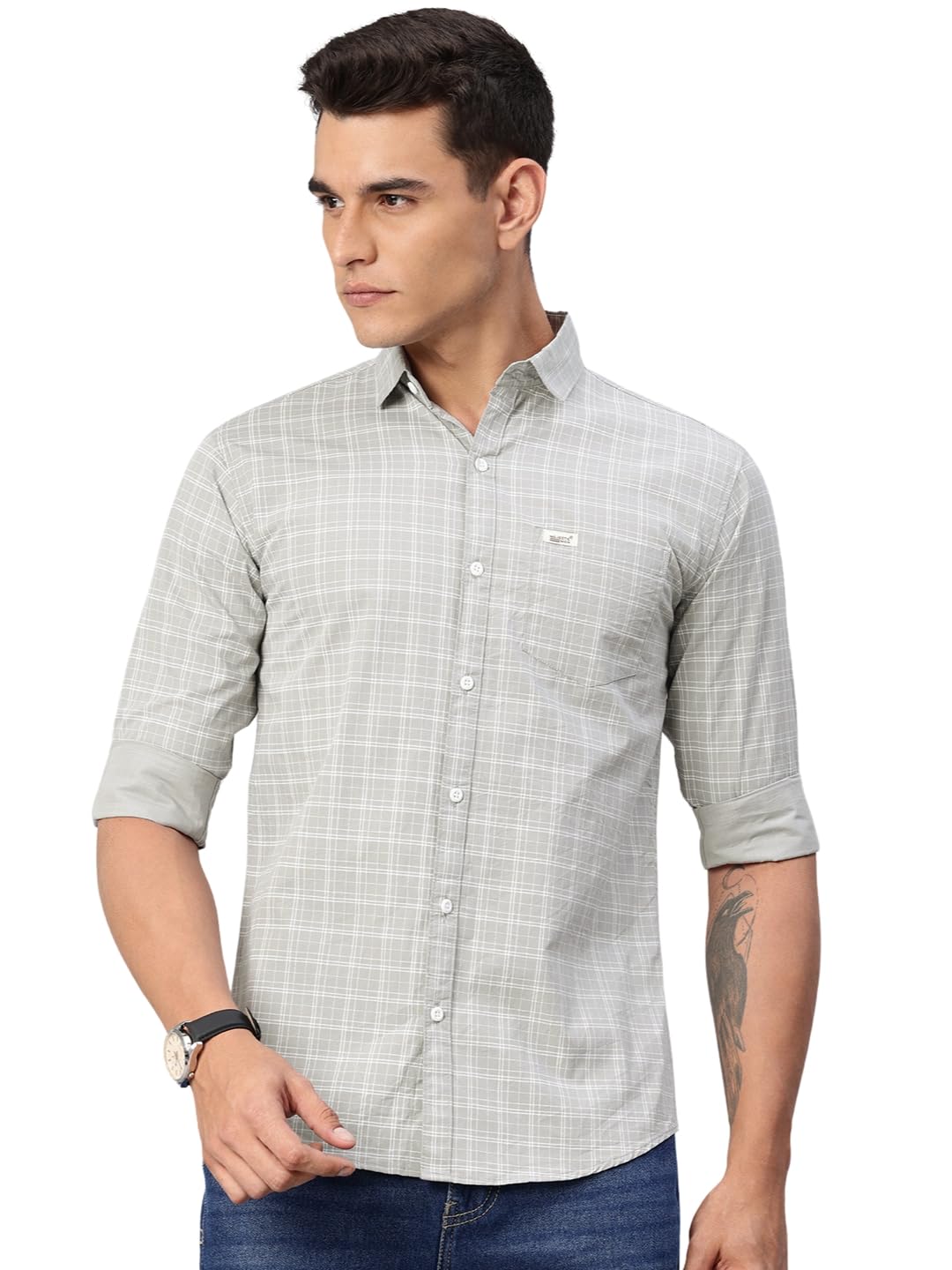 Majestic Man Comfort Slim Fit Spread Collar Small Checked Cotton Casual Shirt