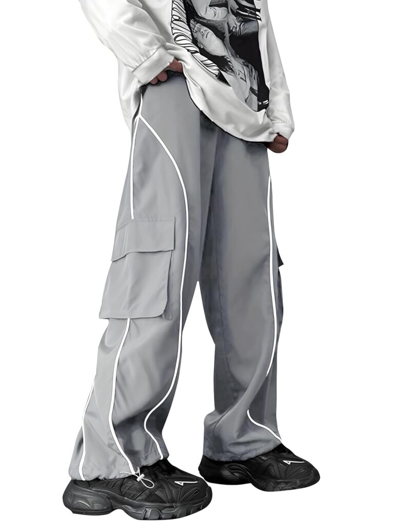 Mehrang Cargo Pants with White Piping, Black Streetwear Track Pants, Side Pockets, Casual Athletic Wear