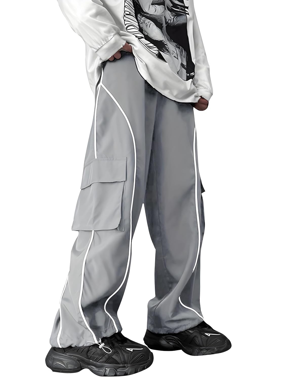 Mehrang Cargo Pants with White Piping, Black Streetwear Track Pants, Side Pockets, Casual Athletic Wear