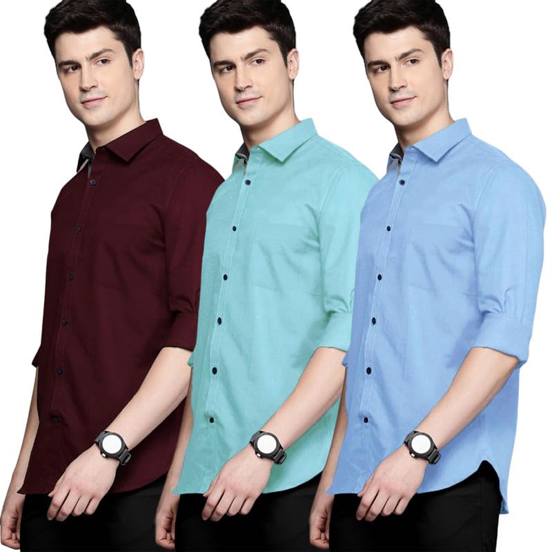 Pinkmint Men’s Shirt Cotton BlendCasual Long Sleeve Formal Shirt Soild Formal Shirt for Men (Pack of 3)