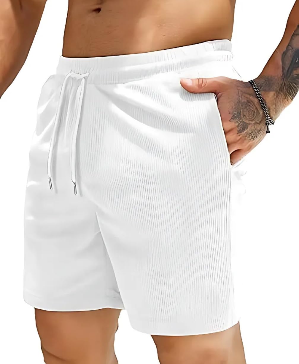 SMOWKLY Men’s Premium Polycotton Casual Ribbed Shorts || Elastic & Drawstring Waist with 2 Pocket || Loose Fit Lightweight Burmuda Perfect for Workout, Beach & Summer