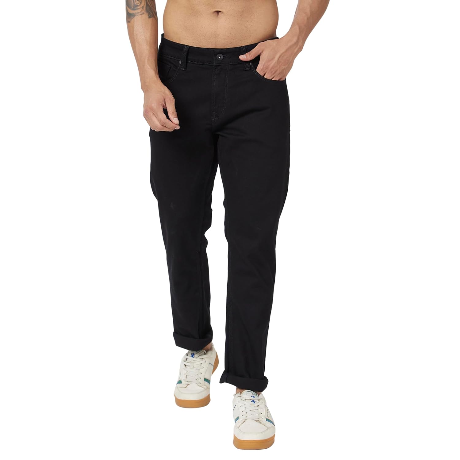 Spykar Men Black Cotton Stretch Regular Fit Narrow Length Clean Look Mid Rise Jeans (Rover) Spykar Men Black Cotton Stretch Regular Fit Narrow Length Clean Look Mid Rise Jeans (Rover)