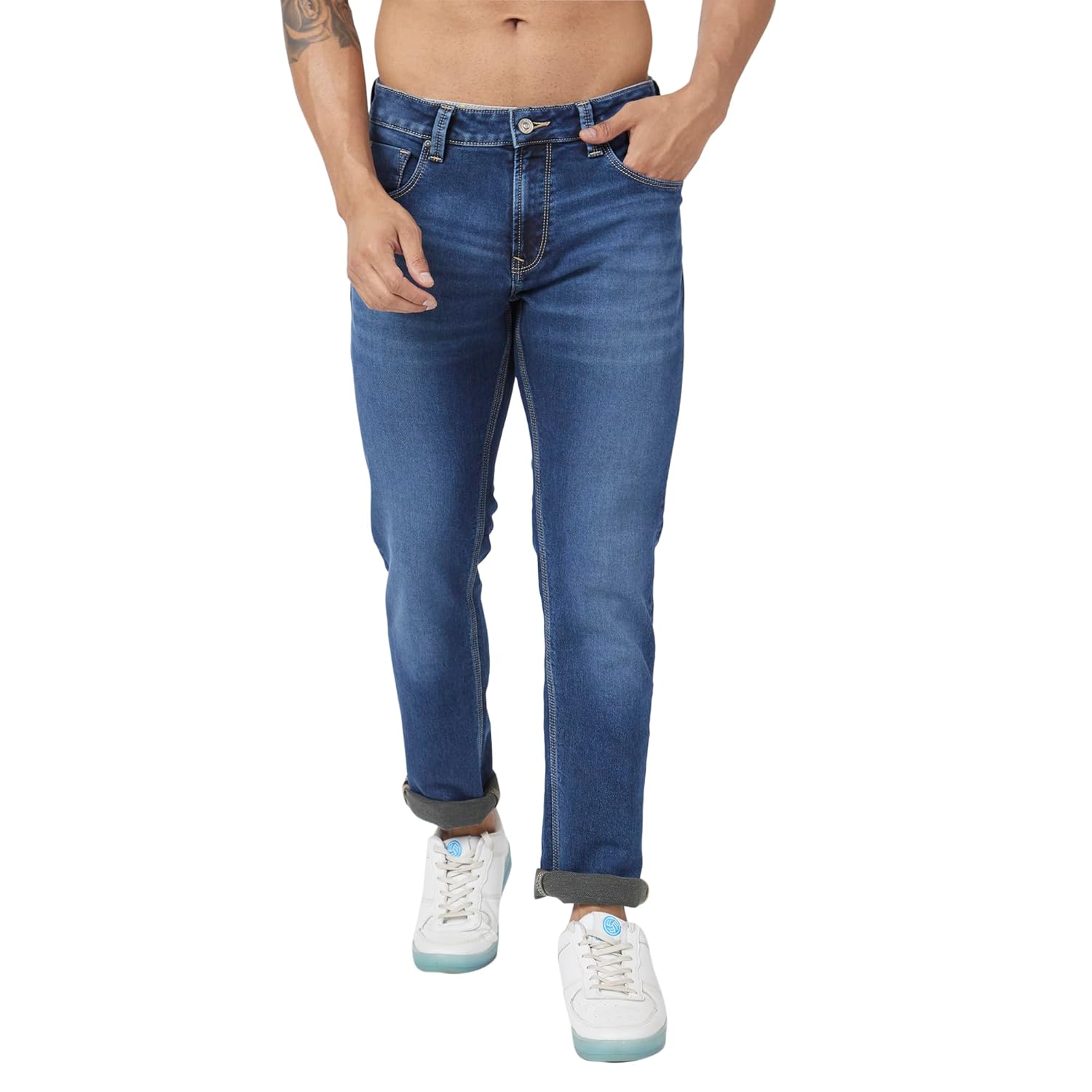 Spykar Men Dark Blue Cotton Stretch Regular Fit Narrow Length Clean Look Mid Rise Jeans (Rover) Spykar Men Dark Blue Cotton Stretch Regular Fit Narrow Length Clean Look Mid Rise Jeans (Rover)