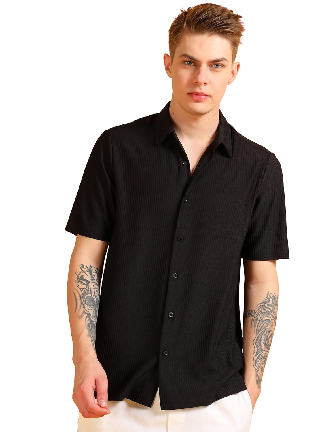 StitchX Men’s Half Sleeve Textured Knit Spread Collar Shirt S-2XL StitchX Men’s Half Sleeve Textured Knit Spread Collar Shirt S-2XL