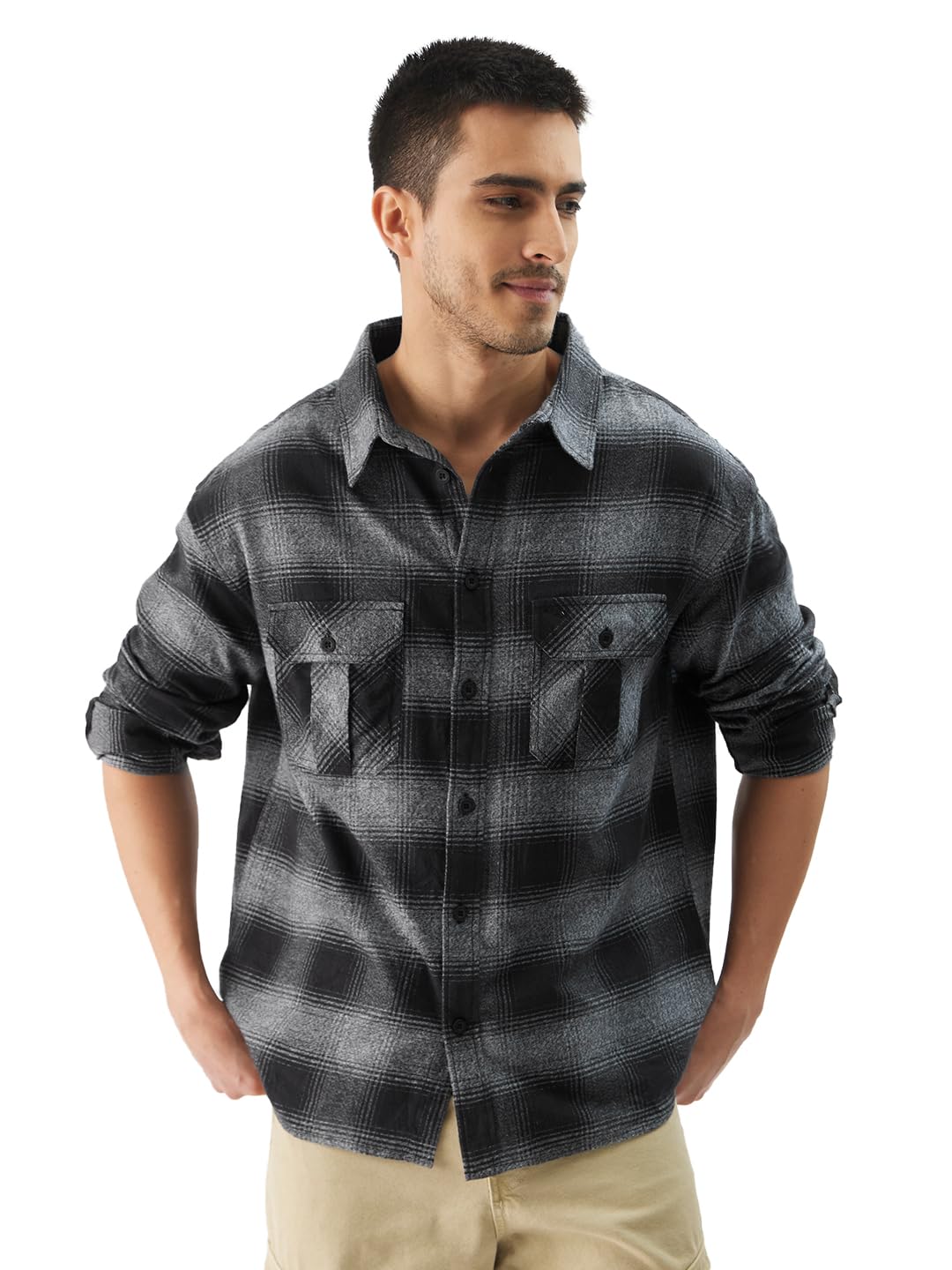 The Souled Store Plaid: Charcoal Men and Boys Long Sleeve Collared Neck Button Front Cotton Regular Fit Utility Shirts Shirts Casual Button-Down Full Sleeve Casual Workwear Fashionable Stylish