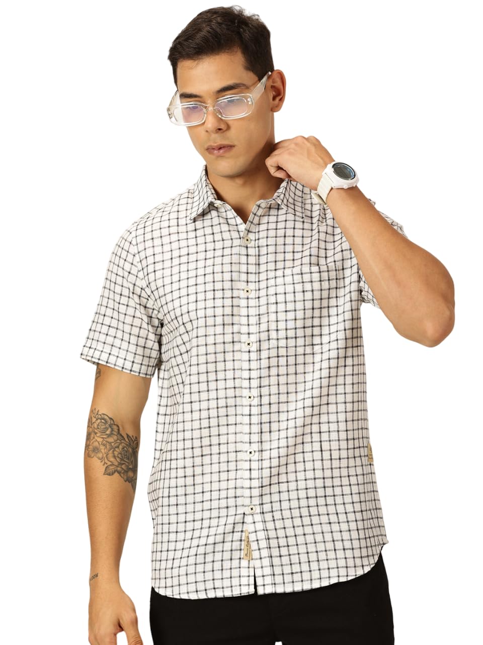 Thomas Scott Men’s | Checks | Half Sleeve | Slim Fit | Linen Blend | Spread Collar | Casual Shirt
