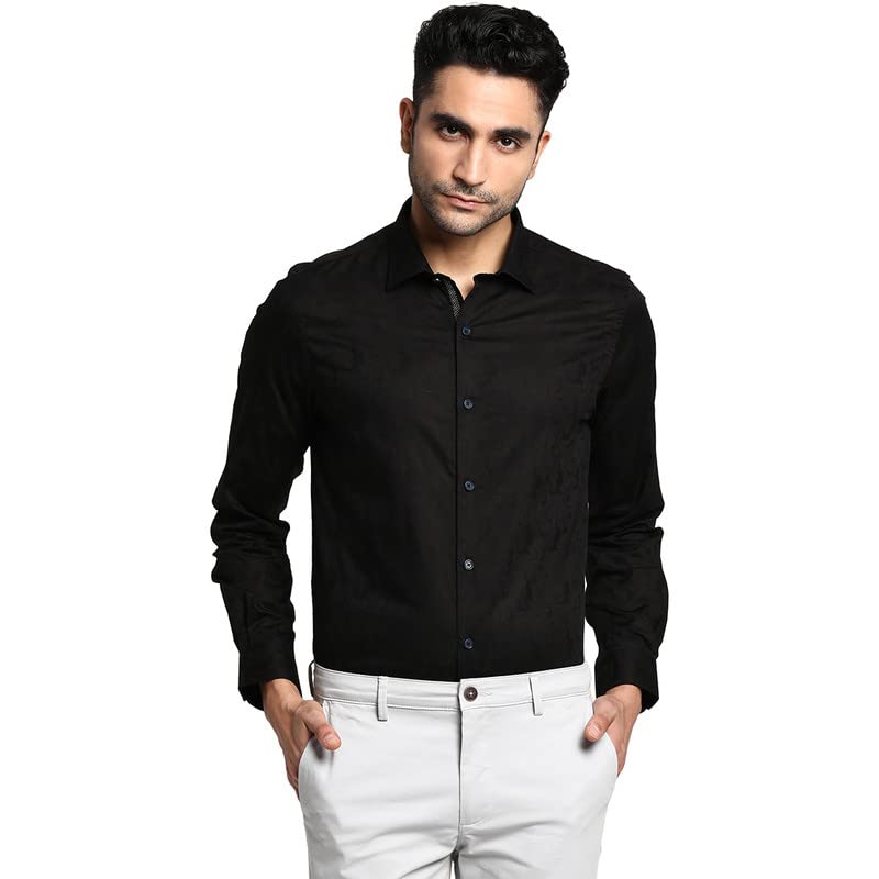 Turtle Men Cotton Black Slim Fit Self Design Formal Shirts