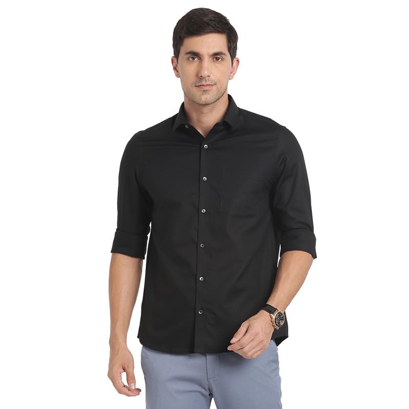 Turtle Men Pure Cotton Black Self Design Slim Fit Formal Shirts