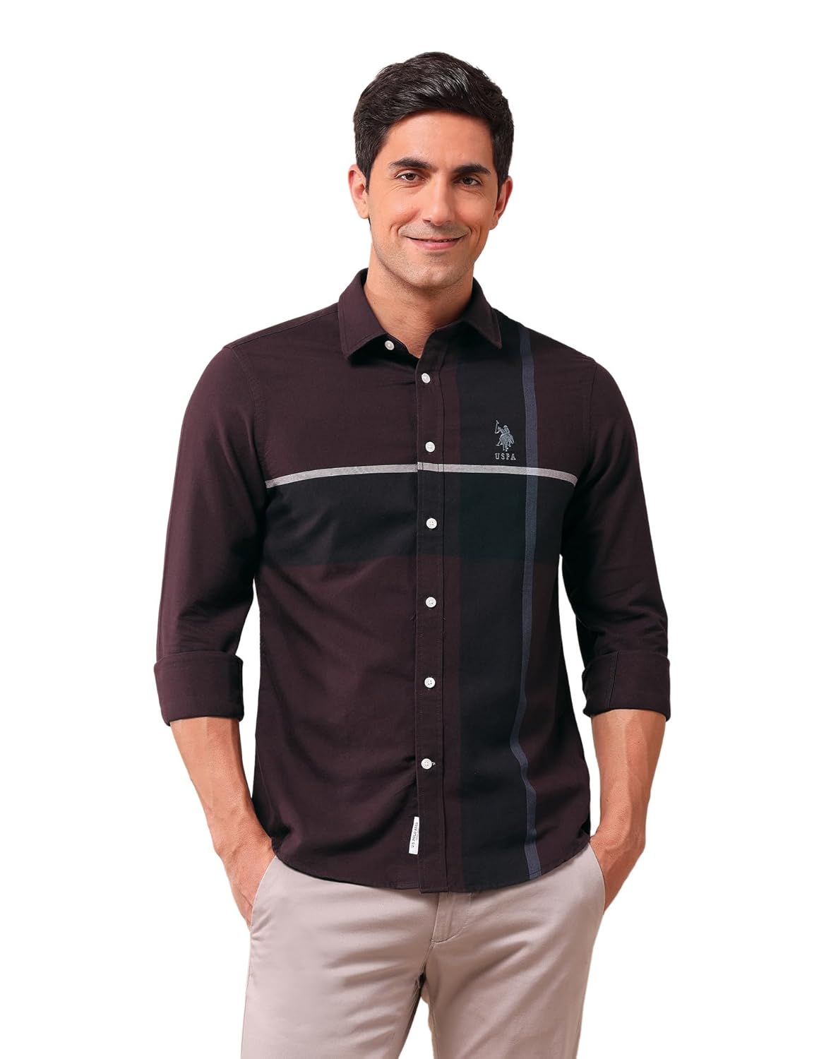 U.S. Polo Assn. Men’s Red Colour Blocked Spread Collar Full Sleeve Casual Cotton Tailored Fit Shirt