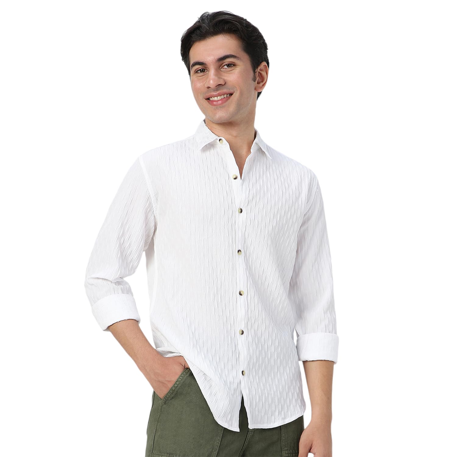 Urbano Fashion Men’s Cotton Full Sleeve Regular Fit Textured Shirt with Spread Collar