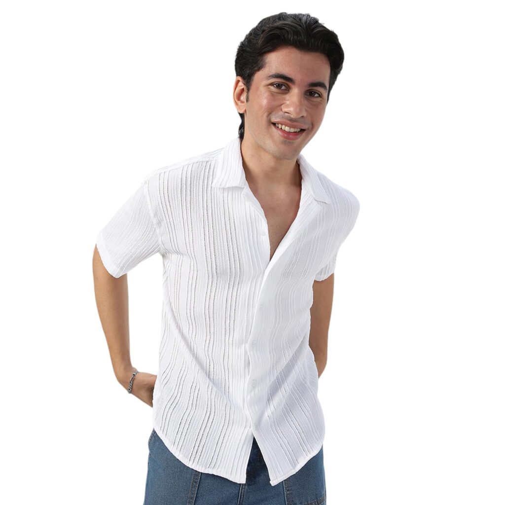Urbano Fashion Men’s Cotton Half Sleeve Oversized Fit Textured Shirt with Cuban Collar