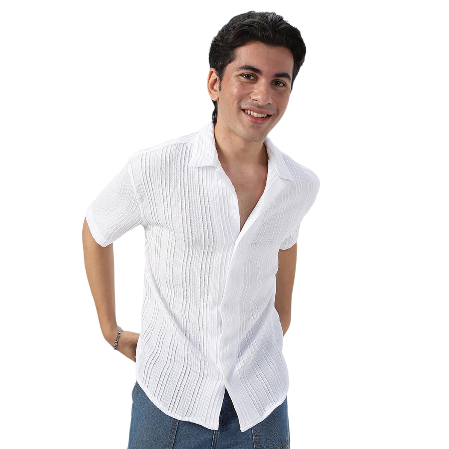 Urbano Fashion Men’s Cotton Half Sleeve Oversized Fit Textured Shirt with Cuban Collar