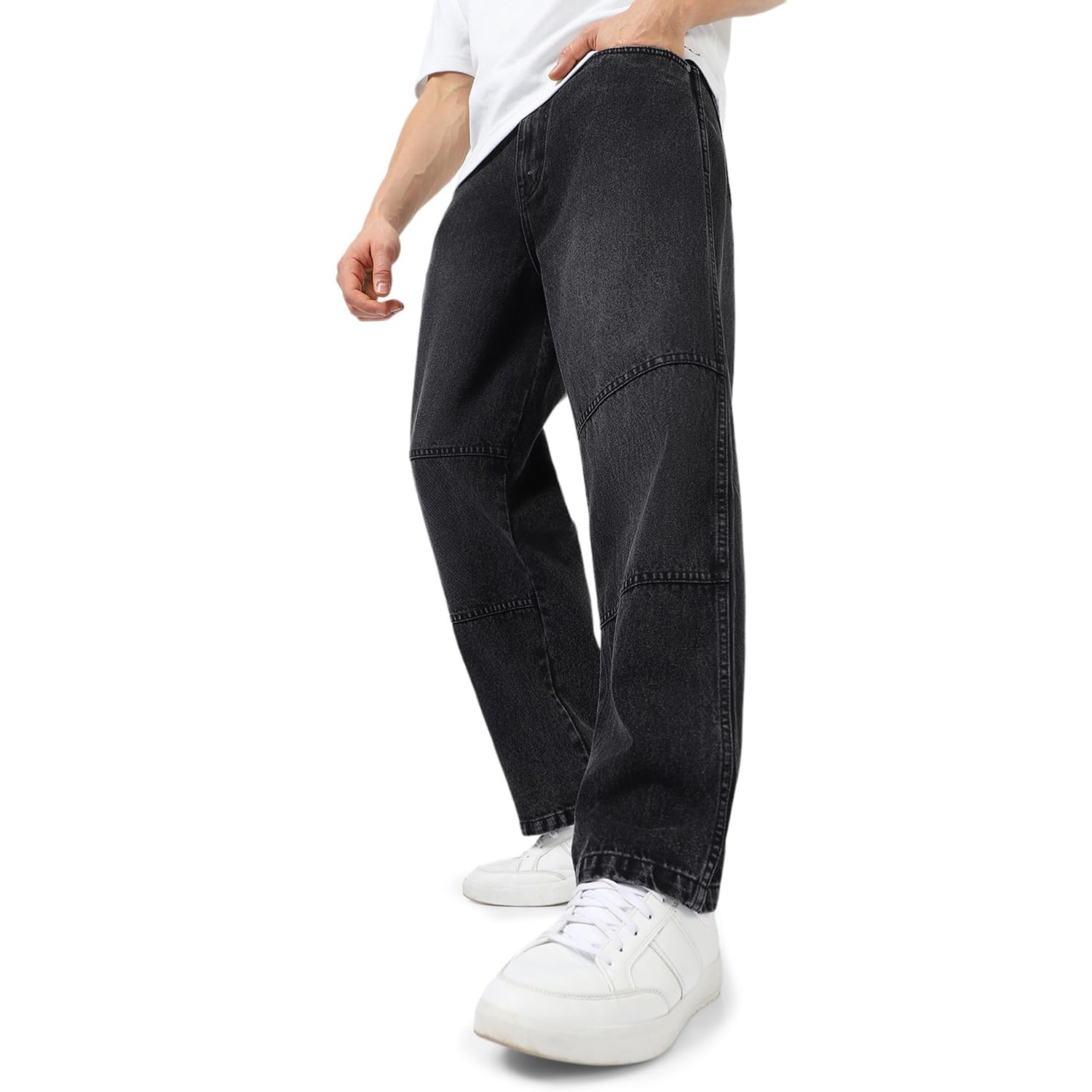 Urbano Fashion Men’s Loose Baggy Fit Cut and Sew Panelled Jeans Non-Stretchable