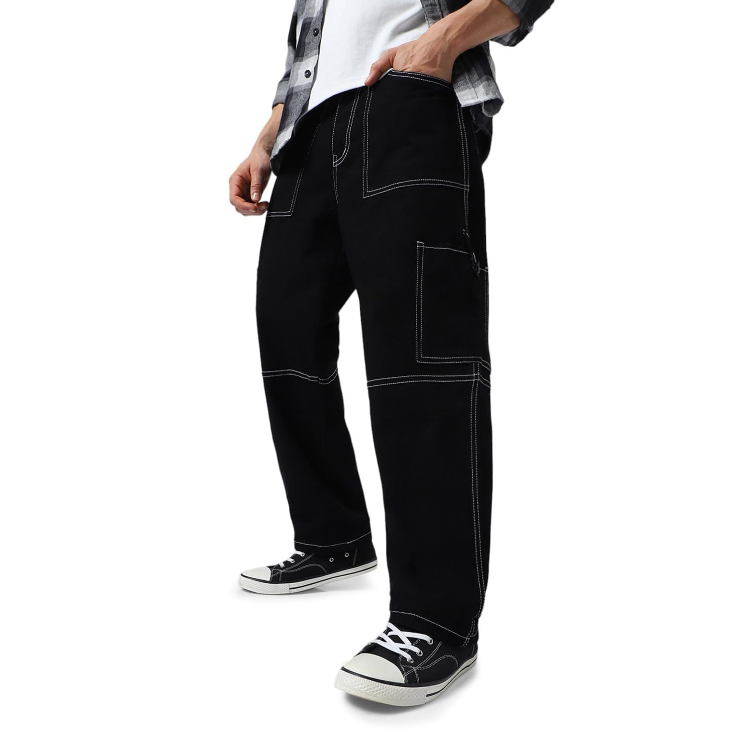 Urbano Fashion Men’s Loose Baggy Fit Washed Cargo Jeans with 6 Pockets Non-Stretchable
