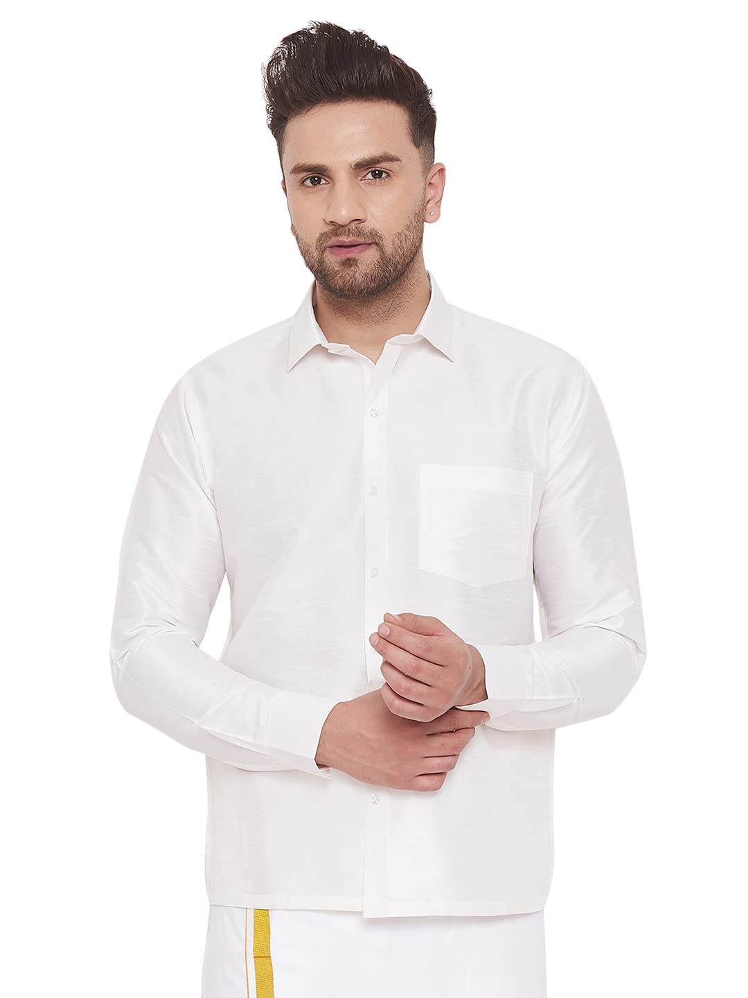 VASTRAMAY Men’s Green Silk Blend Ethnic Shirt | Full Sleeves South Indian Traditional Shirt | Festive, Wedding, Casual Wear
