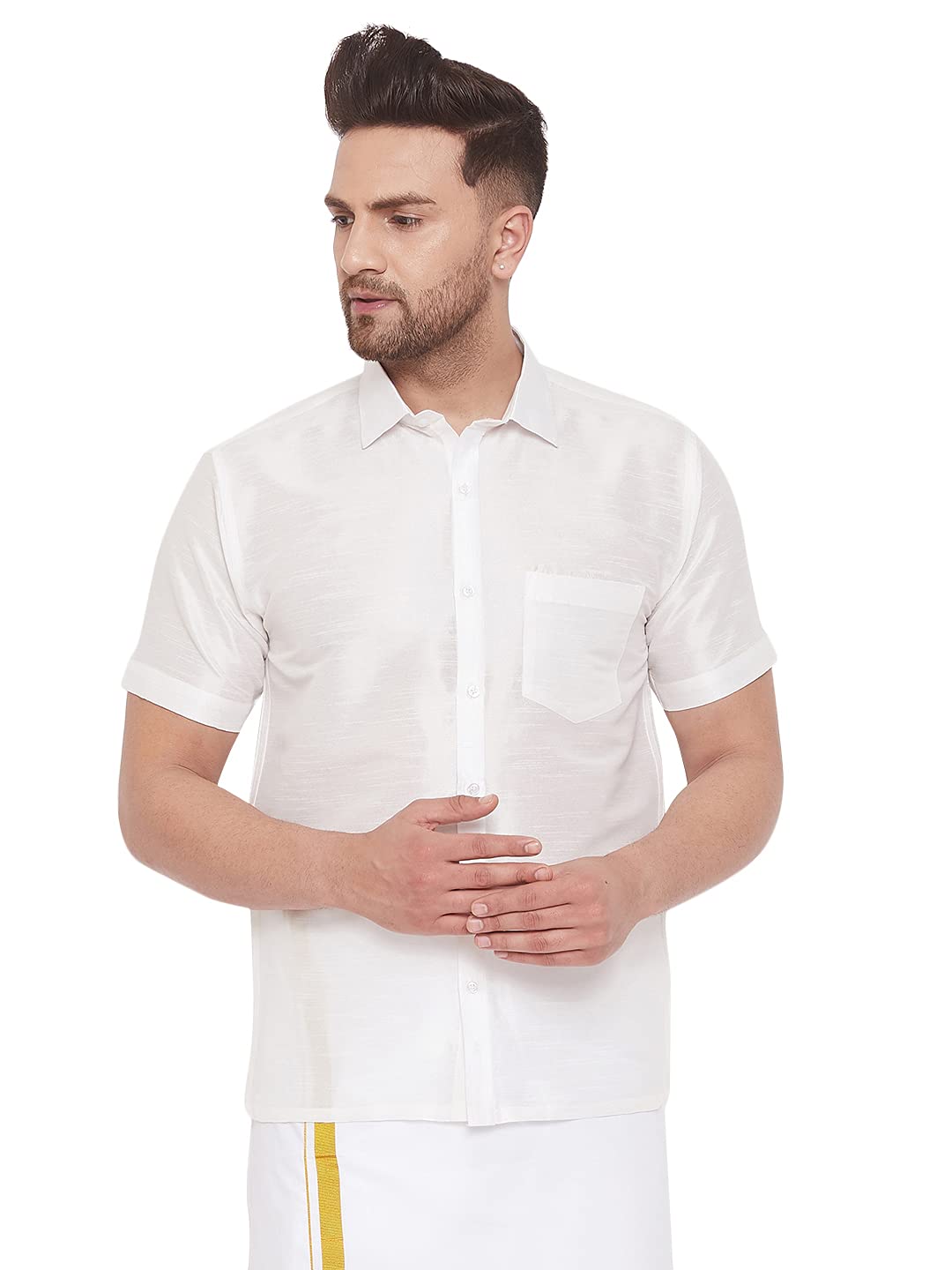 VASTRAMAY Men’s Silk Blend Ethnic Shirt – Half Sleeves, South Indian Traditional Shirt for Weddings, Festivals, & Casual Wear