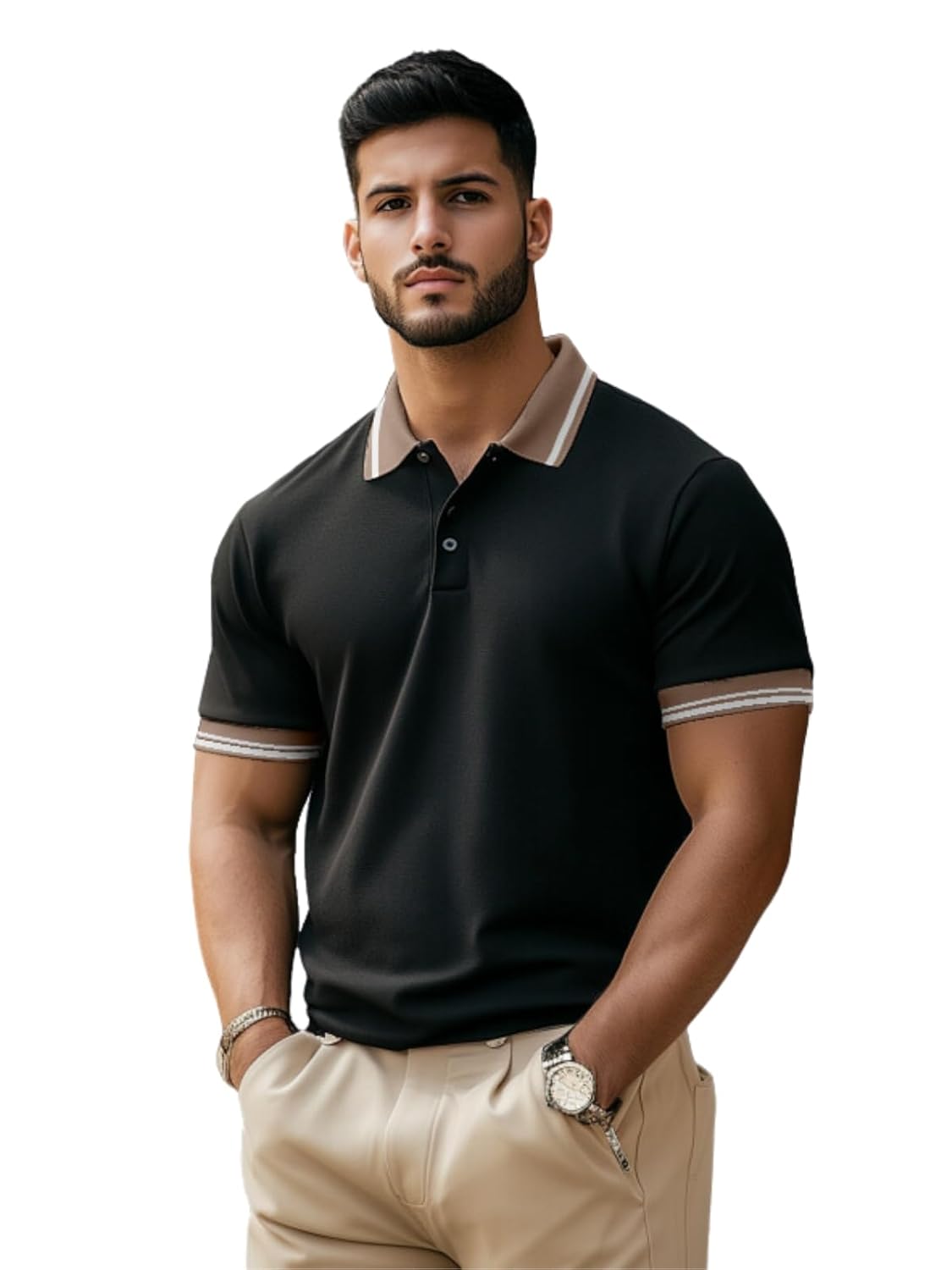 Veirdo® Pure Cotton Half Sleeves Regular Fit Plain Solid Classic Polo Colored Collar T-Shirt for Men (Colors: Olive, Black & White)