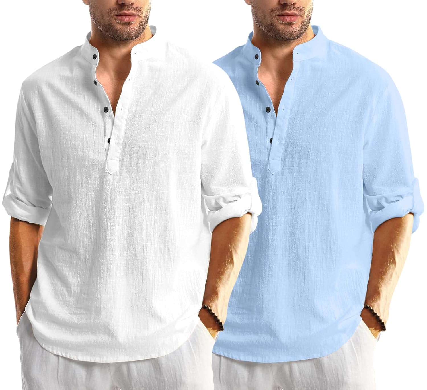 Zartha Men’s Solid Cotton Blend Regular Fit Full Sleeve Mandarin Collar Straight Short Kurta Shirt, Combo Pack of 2