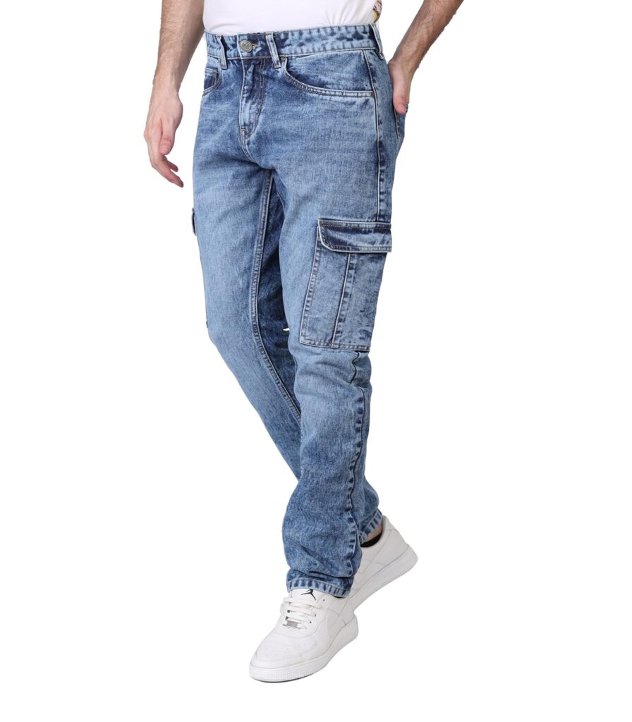 i’sol Men’s Loose Baggy Fit Everyday Cargo Jeans with 6 Pockets Non-Stretchable
