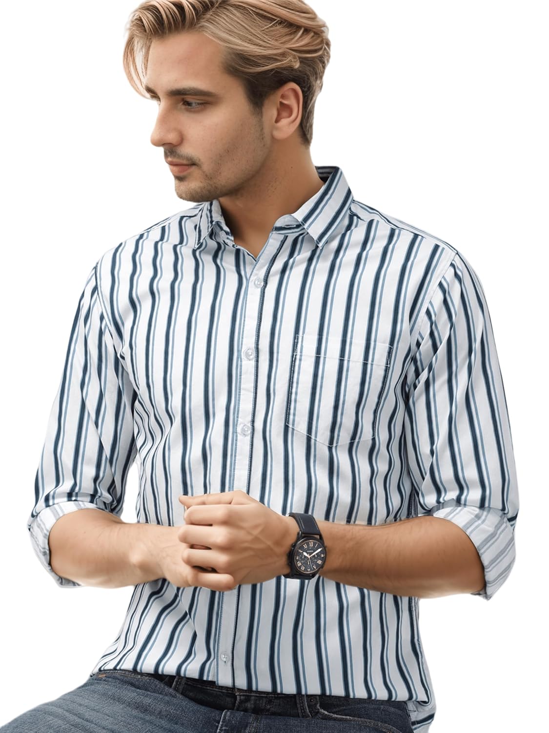 IndoPrimo Men’s Regular Fit Soft Poly Cotton Stripe Casual Shirt for Men