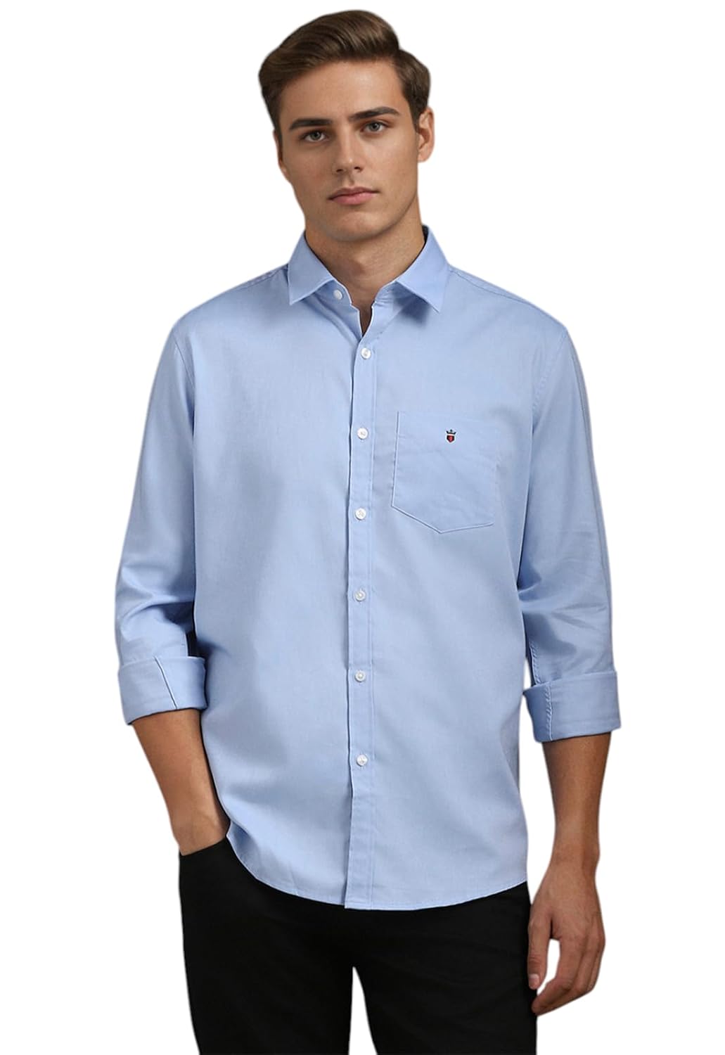 Louis Philippe Men’s Easy to Care Cotton Slim fit Solid Casual Shirt with Natural Stretch