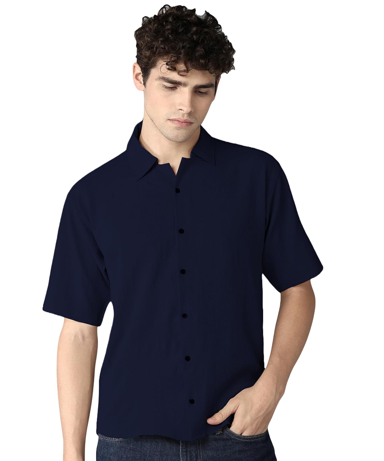 Rich Vesture Men’s Casual Lycra Cotton Shirt – Stylish & Textured Half Sleeve Solid Oversized Shirt for Men, Comfortable, Breathable & Trendy Fashionable Wear for Everyday Use