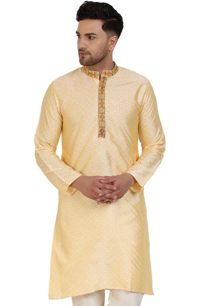 Amazon Brand – Anarva Men’s Indian Art Silk Casual Long Shirt Beige Coloured Kurta