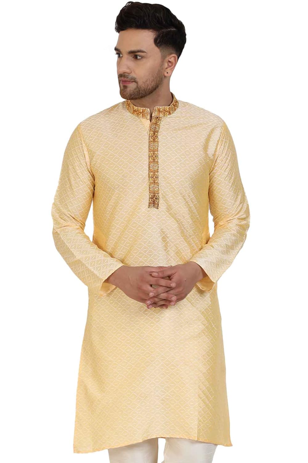 Amazon Brand – Anarva Men’s Indian Art Silk Casual Long Shirt Beige Coloured Kurta