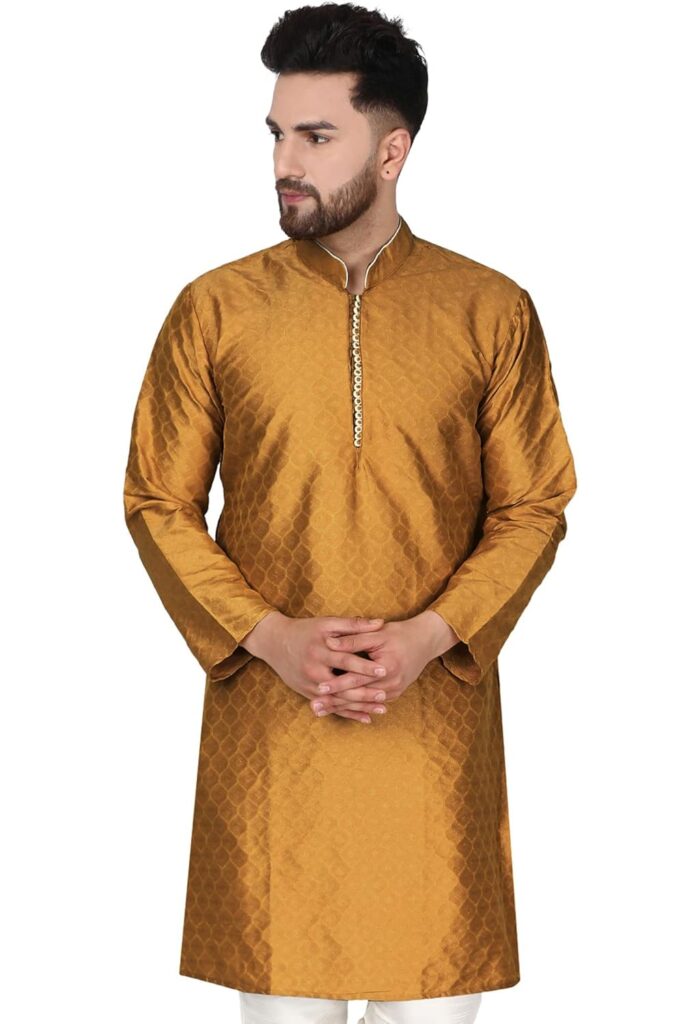 Amazon Brand – Anarva Men’s Indian Art Silk Casual Long Shirt Brown Kurta