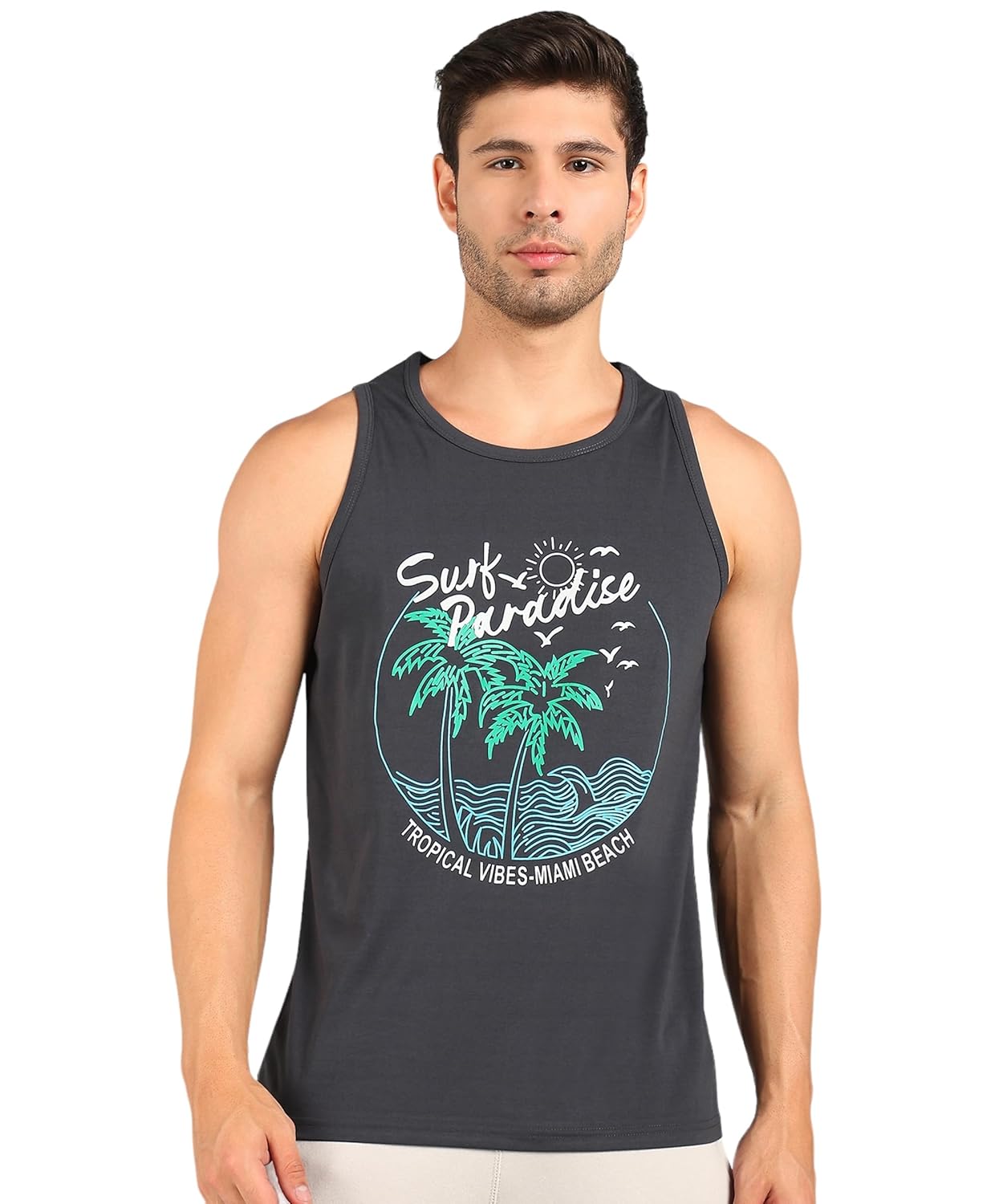Alan Jones Clothing Printed Sleeveless T-Shirt for Men | Regular Fit | Casual, Beach & Lounge Wear | Tank Top for Summer