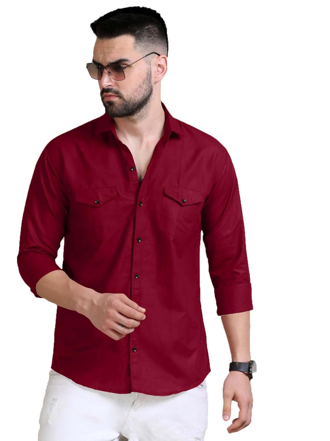 Rebelify Men’s Double Pocket Shirt – Classic Casual Cotton Blend with Adjustable Cuffs