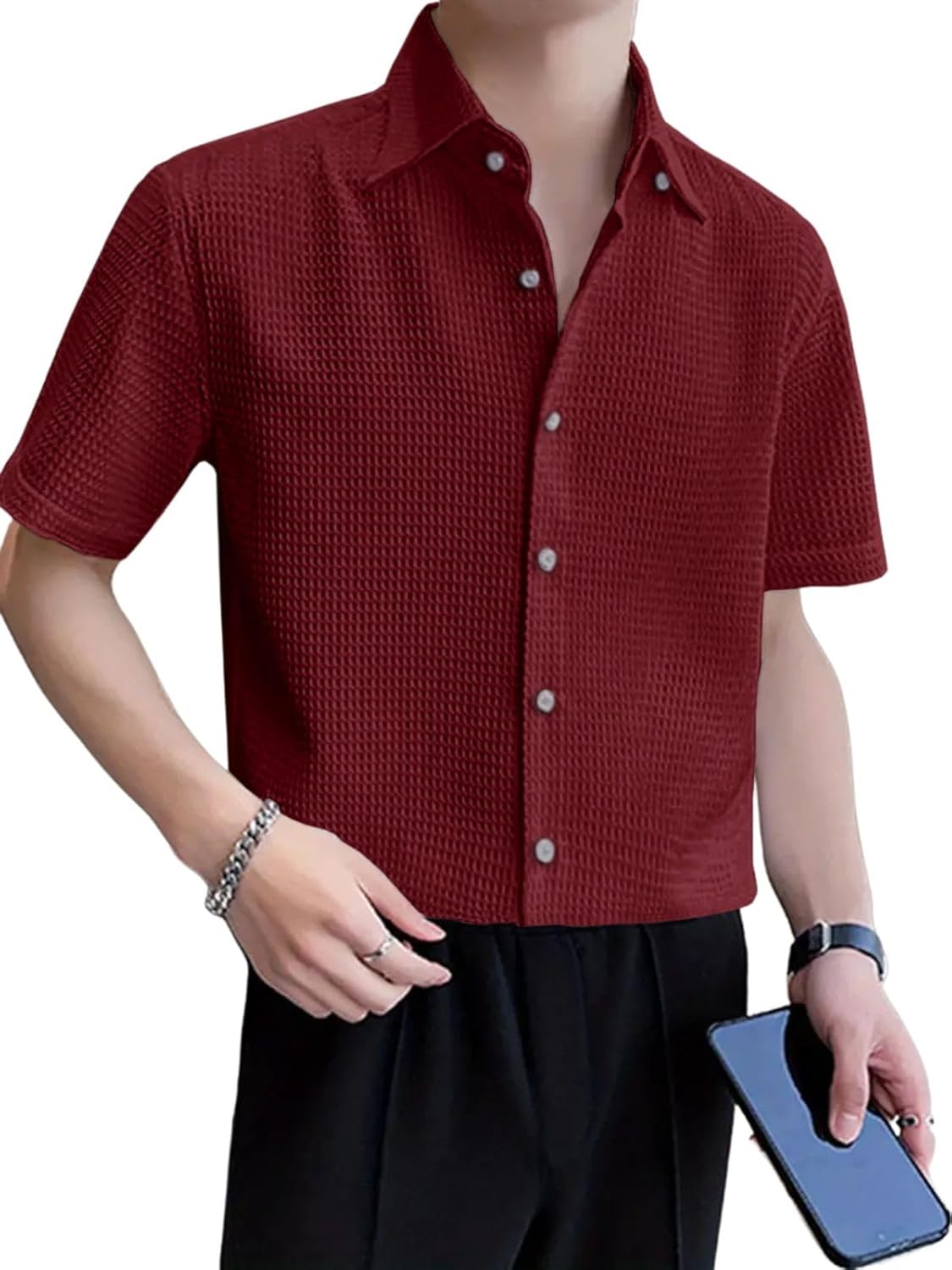 GRECIILOOKS Shirt for Men | Mens Casual Shirt | Men Stylish Shirt | Men Waffle Shirt | Men’s Regular Fit | Men Formal Shirt | Short Sleeve Shirt for Summer Outdoor Activities |Textured Shirts for Men