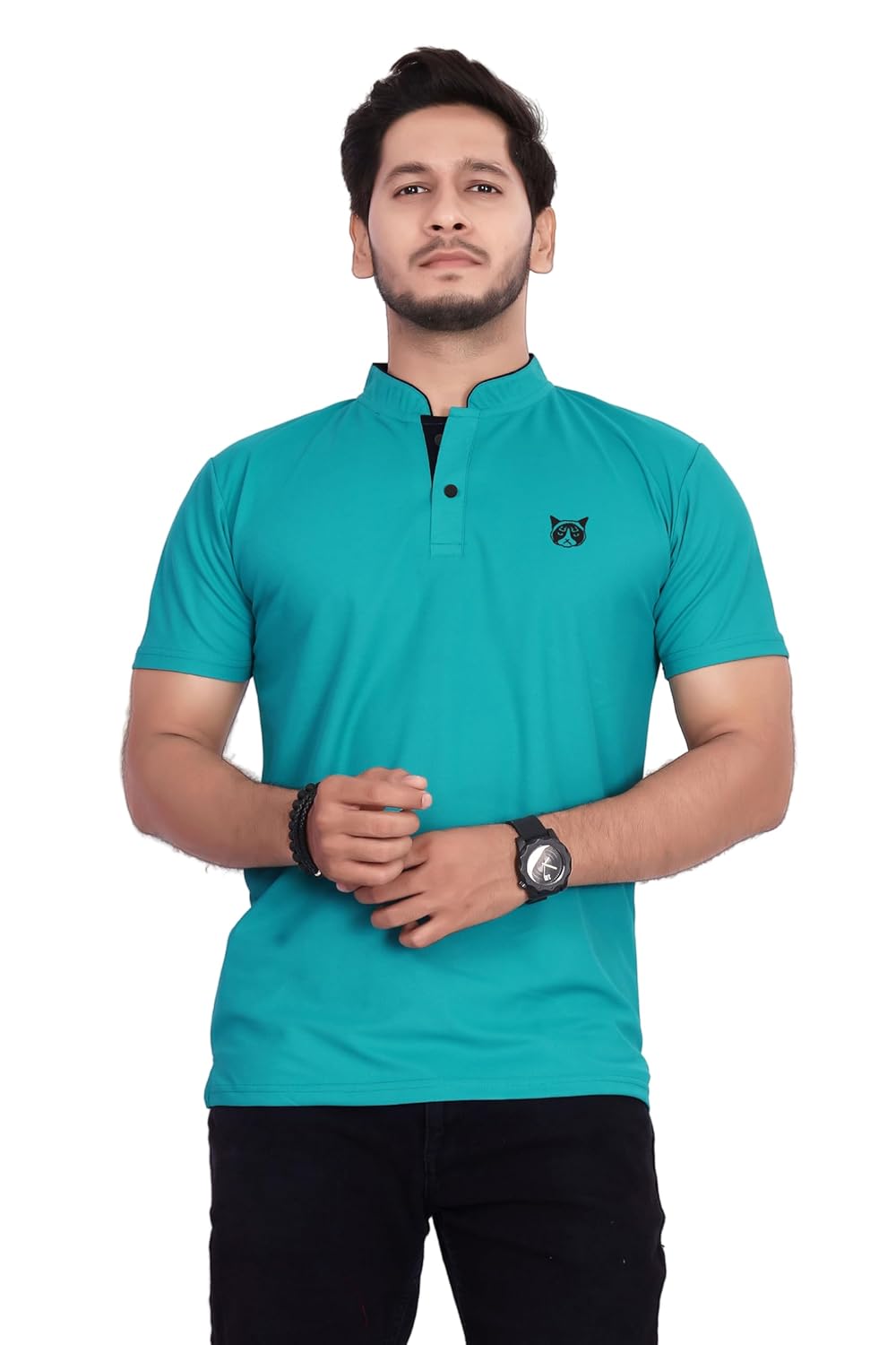 BAGHADBILLO Men’s and Boy’s Polyster T-Shirt with Mandarin Collared Neck Half Sleeves Closuer Button and Regular Fit | Polo t Shirt for Man