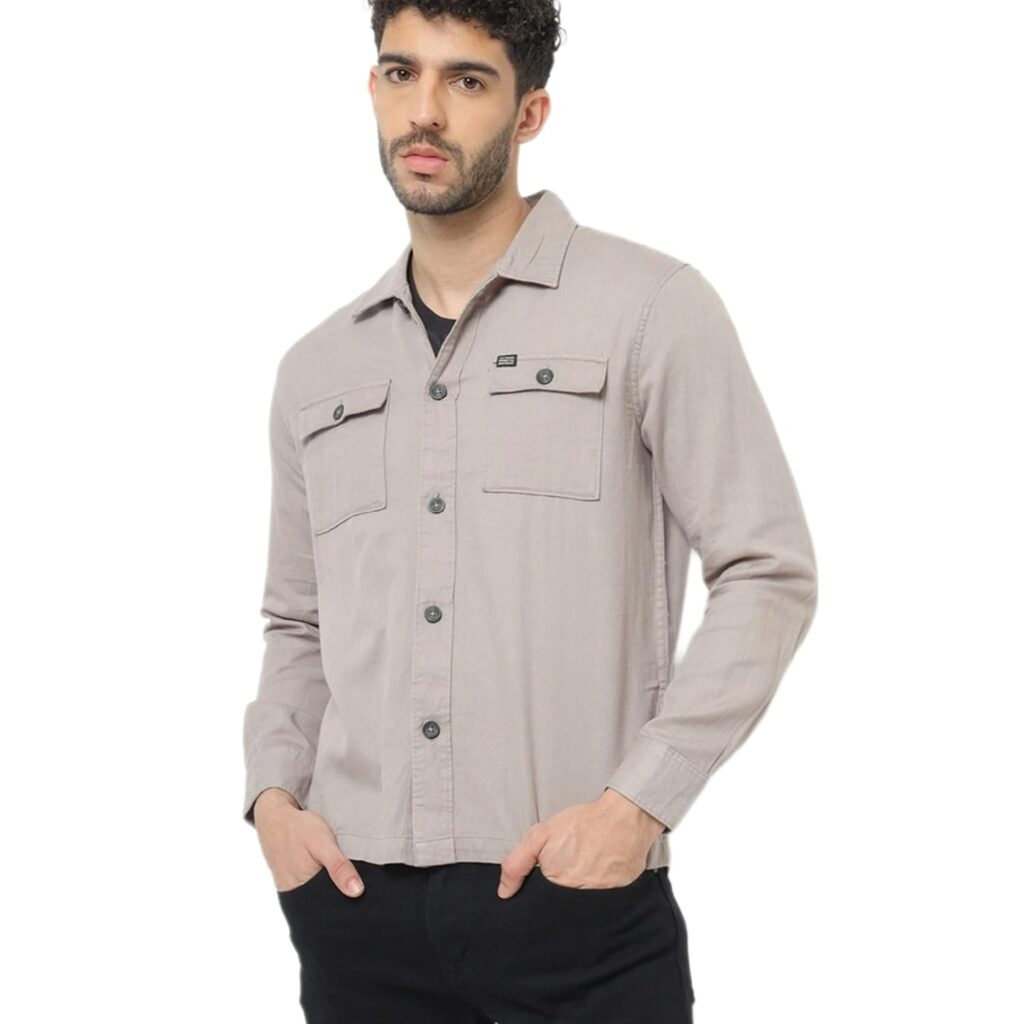 The Indian Garage Co Men’s Cotton Slim Fit Placement Print Full Sleeves Cutaway Collar Double Flap Pocket Casual Over Shirt