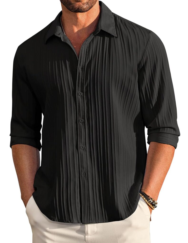 DEELMO Men’s Casual Button Down Shirts Long Sleeve Linen Shirt Fashion Textured Beach Summer Shirt