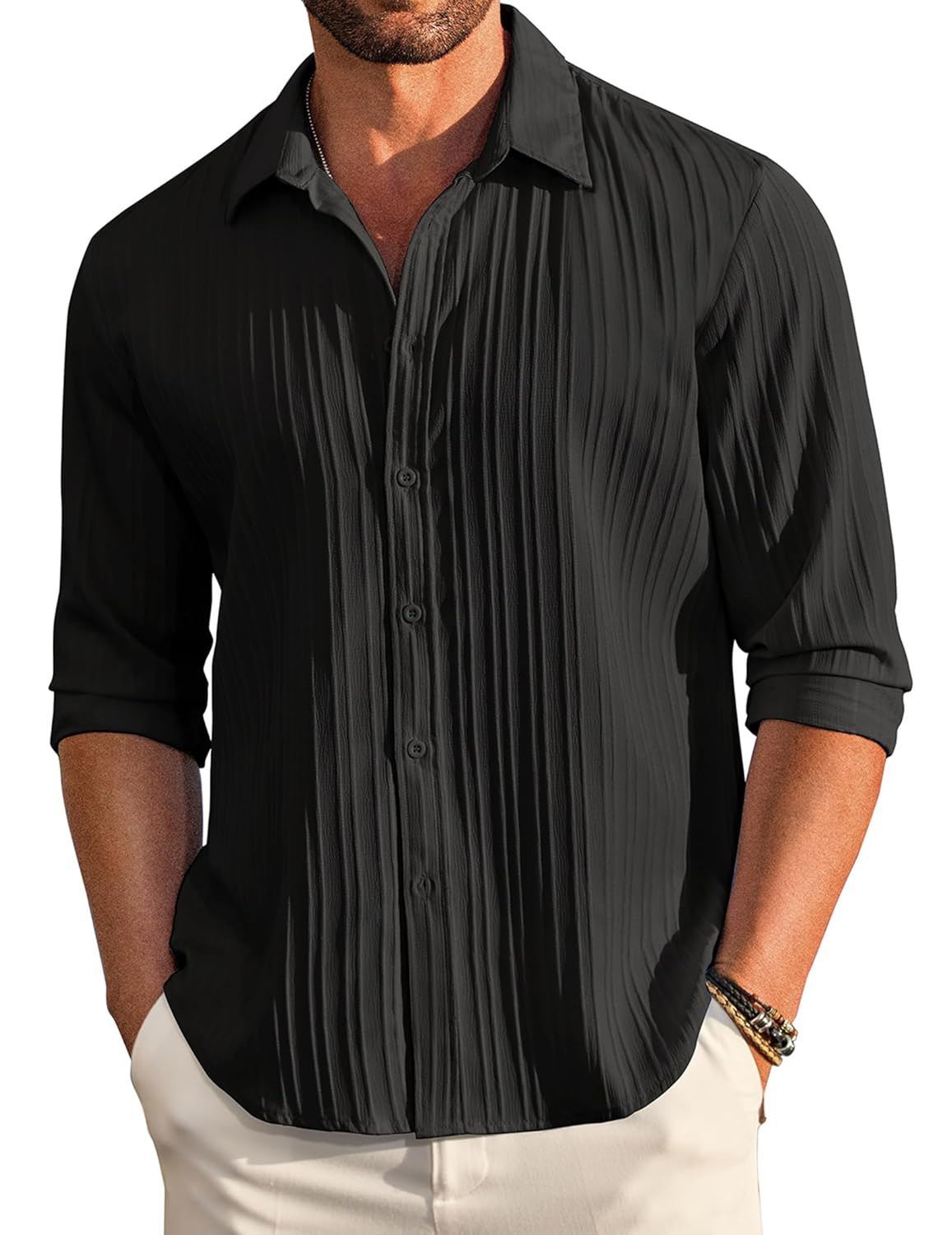 DEELMO Men’s Casual Button Down Shirts Long Sleeve Linen Shirt Fashion Textured Beach Summer Shirt